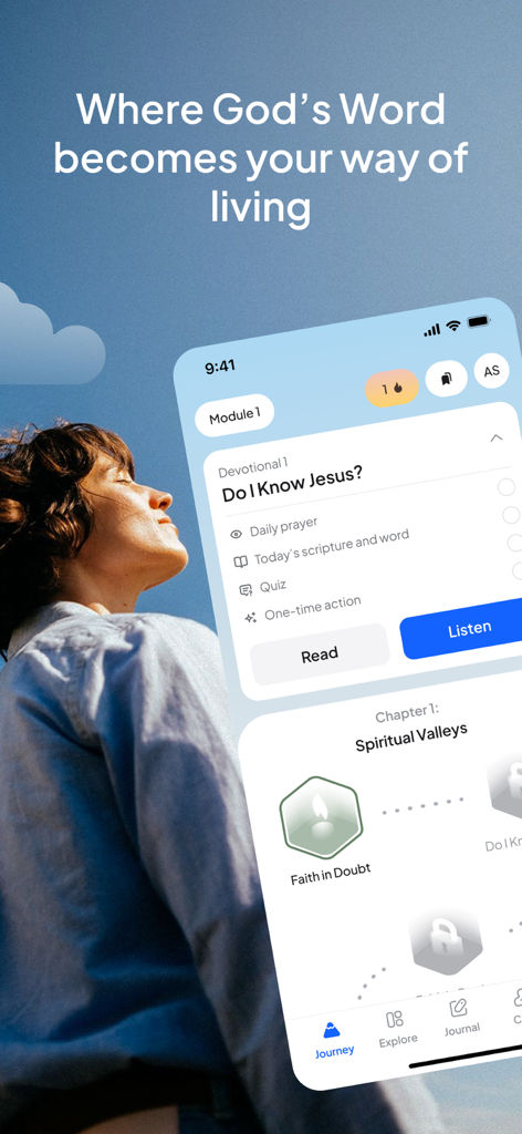 Interfaz de la aplicación Duomo Bible que muestra un camino devocional diario con una mujer mirando hacia el cielo.