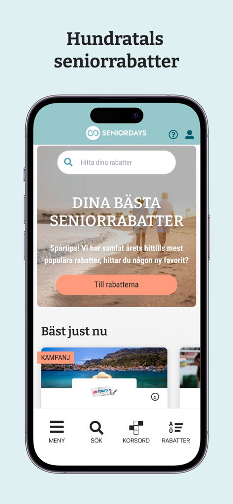 SeniorDays - SeniorDays mobile app home screen showing various senior discounts and a travel promotion