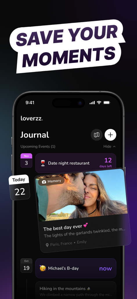 Loverzz app journal screen displaying a couple memory photo and upcoming shared events