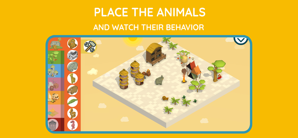 Pango safari builder for kids - Captura de pantalla del juego de Pango Safari Builder que muestra cómo colocar animales y estructuras en una sabana virtual