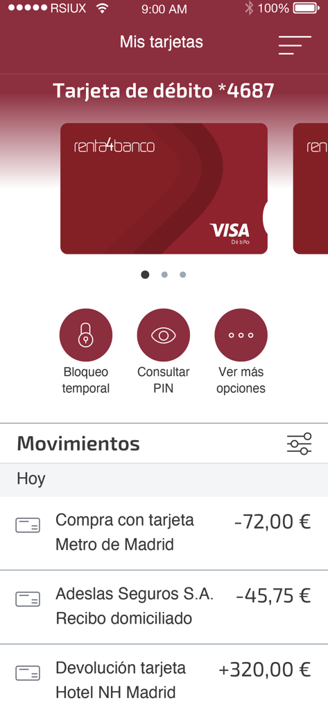 Renta 4 Pay - Interfaz de la aplicación móvil Renta 4 Pay mostrando una tarjeta de débito roja con opciones de gestión y una lista de transacciones recientes