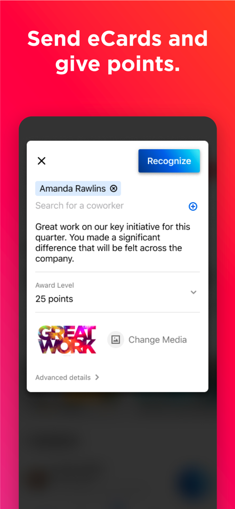 Interface for sending eCards and awarding points to coworkers in the Culture Cloud app