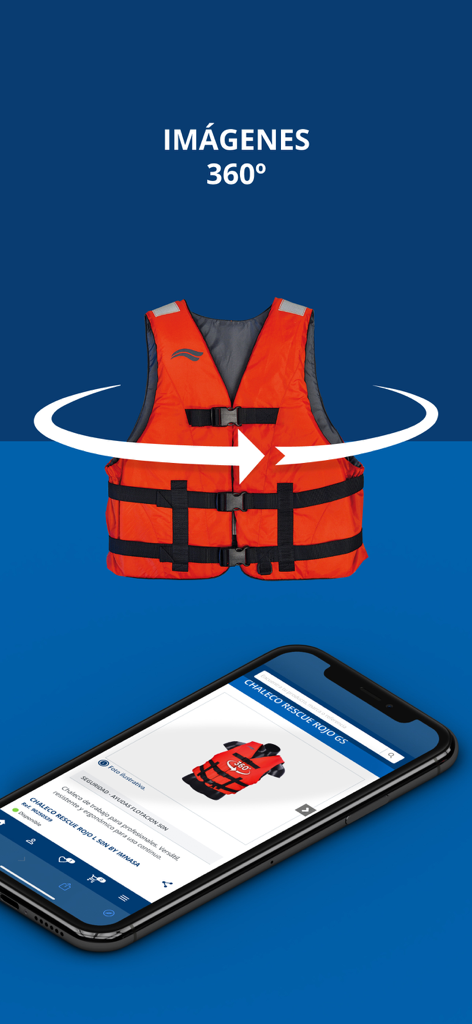 Un chaleco salvavidas rojo mostrado con una función de rotación de 360 grados en la pantalla de la aplicación Imnasa.