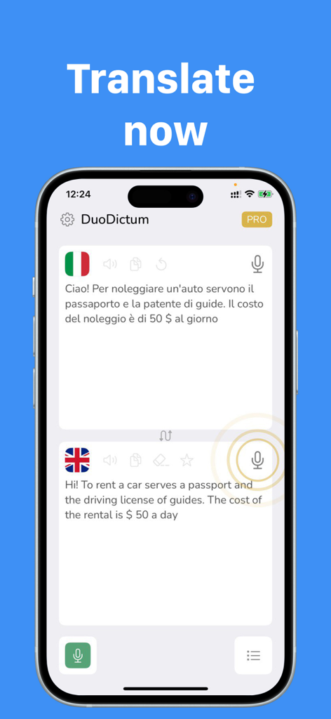 Real Time Language Translator - Interface do aplicativo móvel DuoDictum mostrando tradução de voz em tempo real de italiano para inglês