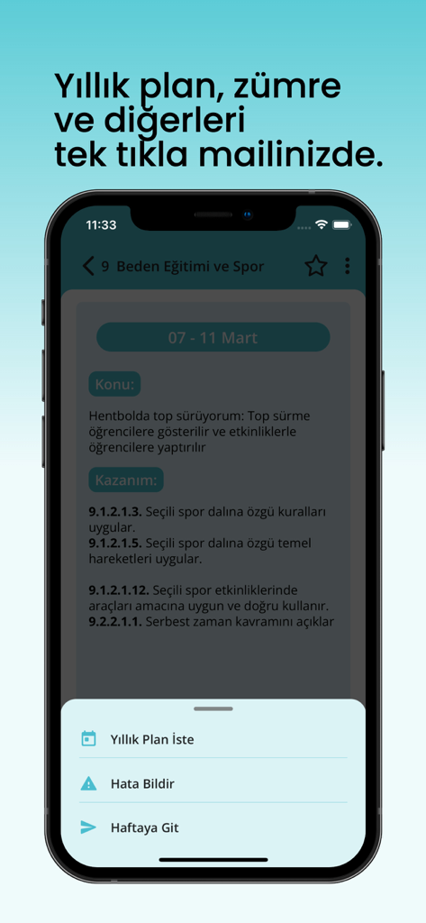 Mobile application interface displaying a teacher's lesson plan for Physical Education with options to request an annual plan via email.