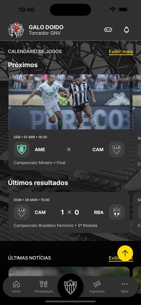 Super App do Galo - Super App do Galoのモバイルインターフェースにサッカーの試合スケジュールと最新の試合結果が表示されています