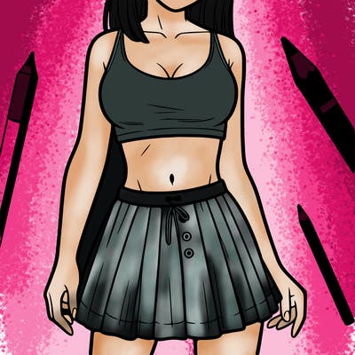 a woman wearing croptop and skirt