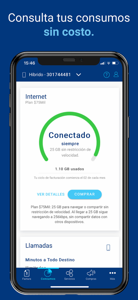 Interfaz de la app Mi Tigo Colombia mostrando el uso de datos de internet móvil y detalles del plan.