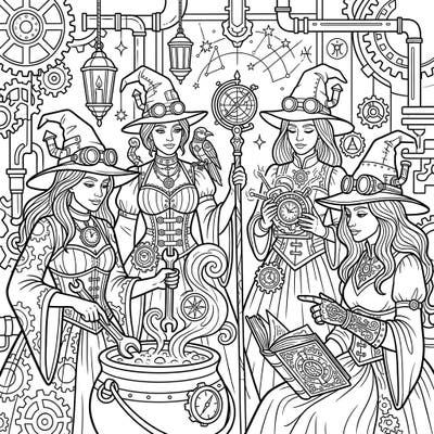 Step into a fantastical realm where mystical witches merge with intricate steampunk mechanics. This unique coloring page offers a captivating blend of magic, gears, and Victorian-era charm for an extraordinary artistic journey.