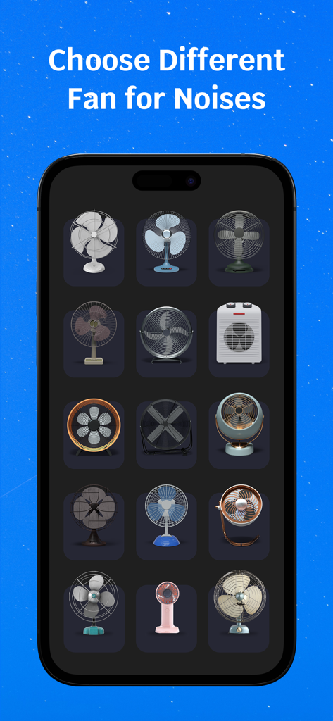 Fan Noise - white noise app - Smartphone screen displaying a grid of various fan models to choose for white noise sleep sounds