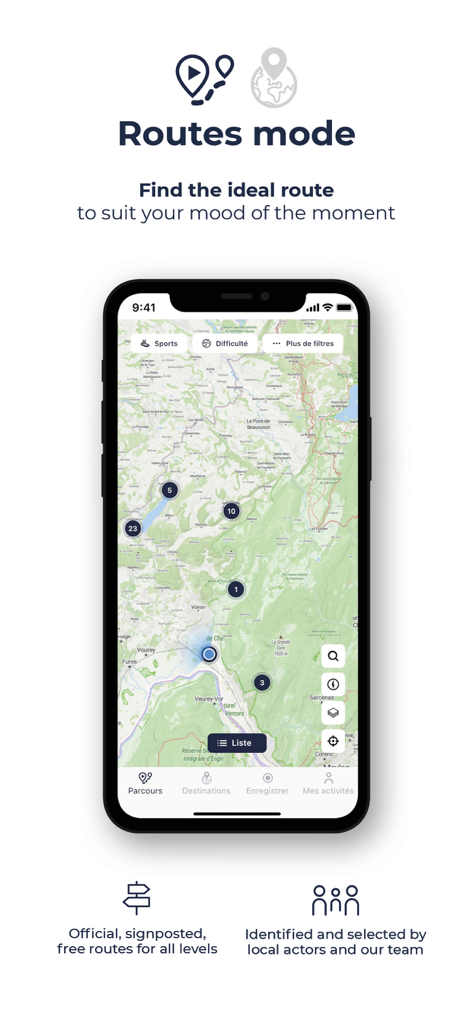 Interface do aplicativo On Piste mostrando um mapa topográfico com locais de rotas oficiais e filtros.