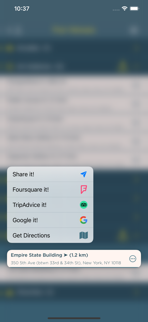 e•Locate - e•Locate App-Menü mit Optionen zum Teilen und Navigieren für das Empire State Building