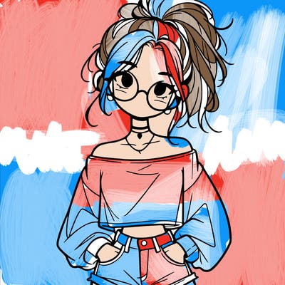 girl with a messy ponytail glasses a baggy crop top and jean shorts