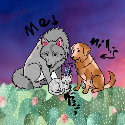 a wolf guarding a cat, butterfly, and a dog