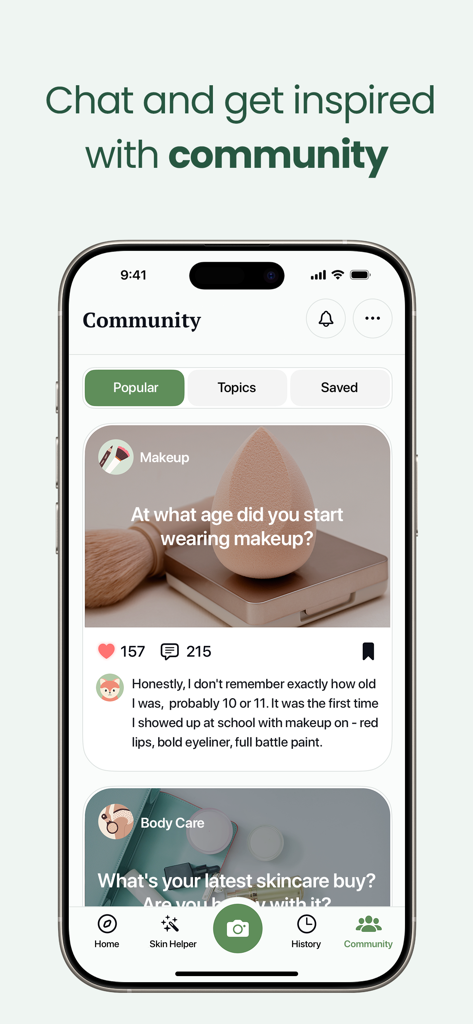 OnSkin app community interface with makeup and skincare discussion posts.
