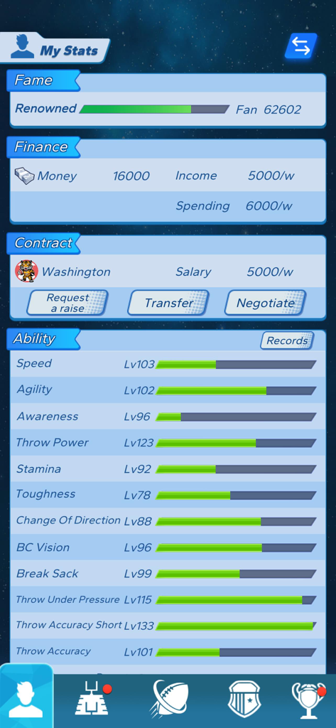 Football GOAT - Tela dentro do jogo mostrando estatísticas do jogador, incluindo fama, status financeiro, detalhes do contrato da equipe e níveis específicos de habilidade de futebol.