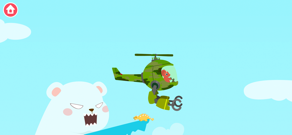 A dinosaur piloting a helicopter with a mechanical claw rescuing a small dinosaur from a large polar bear