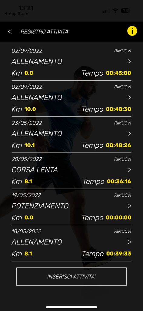 My Personal Running Coach - Una pantalla de aplicación móvil que muestra una lista de entrenamientos de running completados con fechas, distancias y tiempos