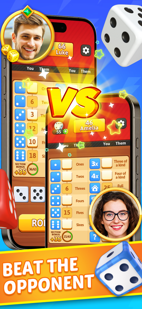 Yatzy Blitz: Classic Dice Game - Two smartphones displaying a competitive Yatzy Blitz match with player avatars and scoreboards