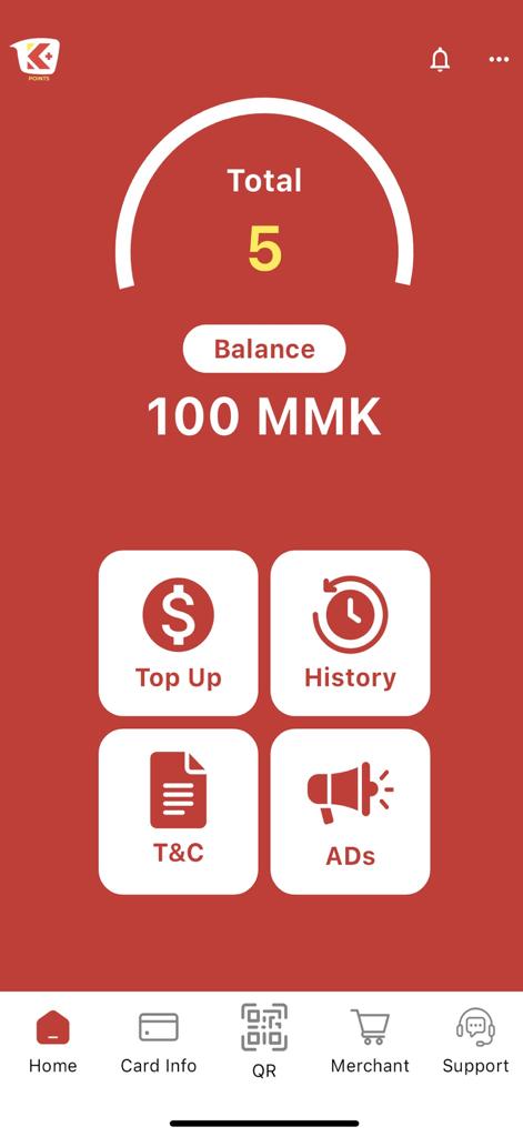 K+ Points - Pantalla de inicio de la aplicación móvil K plus Points que muestra el saldo de recompensas y las opciones del menú