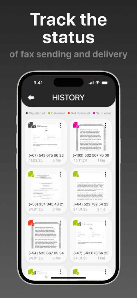 Mobile app screen showing a history of sent faxes with status tracking indicators for delivered and pending documents.