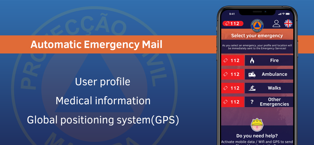 ProCiv Madeira app screenshot showing emergency service selection for fire, ambulance, and hiking accidents with GPS location tracking.