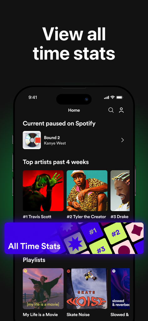 must.fm for Spotify Stats - must.fm app home screen displaying all time Spotify statistics and top artists