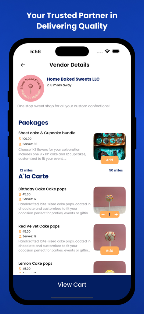OneStop: For Every Event - Schermata dell'app mobile che mostra i dettagli del fornitore per una pasticceria, inclusi pacchetti di torte e cake pops per eventi.