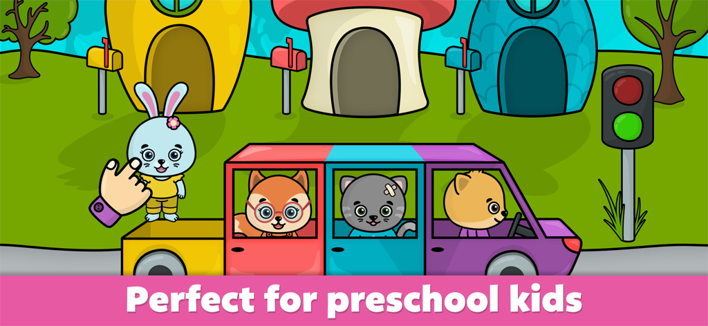 Personaggi dei cartoni animati in un colorato gioco di smistamento su un autobus per bambini in età prescolare.