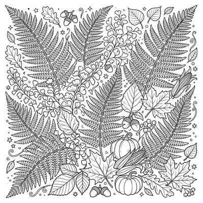 Discover the serene beauty of autumn with this highly detailed adult coloring page. Featuring an intricate blend of delicate ferns and classic fall harvest elements, it offers a perfect escape for relaxation and creative expression.
