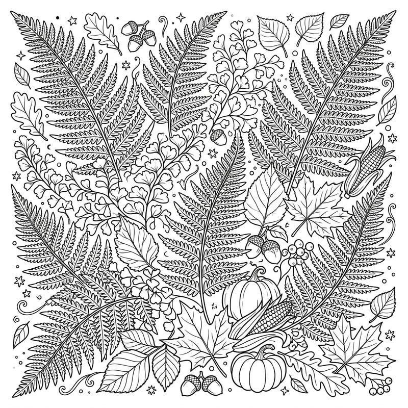 Discover the serene beauty of autumn with this highly detailed adult coloring page. Featuring an intricate blend of delicate ferns and classic fall harvest elements, it offers a perfect escape for relaxation and creative expression.