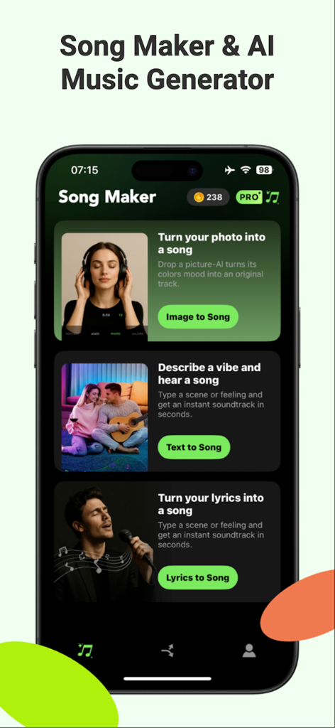 AI Song Generator & Song Maker - Pantalla de inicio de la aplicación AI Song Generator que muestra las opciones Imagen a Canción, Texto a Canción y Letras a Canción.