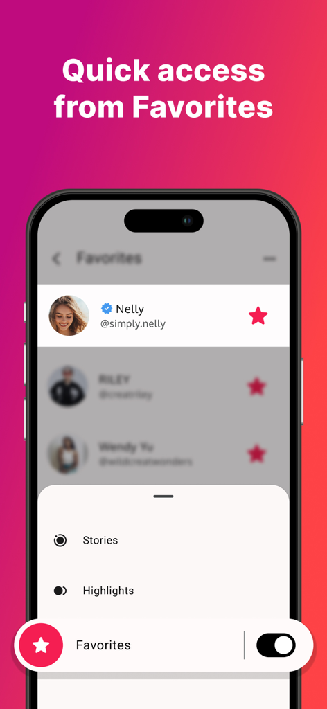 IncoStory: Story Viewer - A mobile interface of IncoStory app showing a list of favorite profiles for quick access to stories and highlights.
