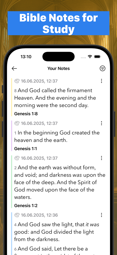 HOLY BIBLE - Any Version - Interfaz de la aplicación Santa Biblia mostrando la pantalla Tus Notas con versículos guardados de Génesis para estudio bíblico