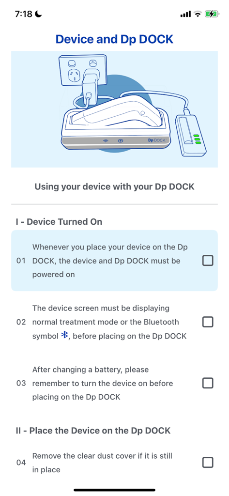 Instructions for using a Dermapen device with the Dp DOCK in the Dermapenworld mobile app