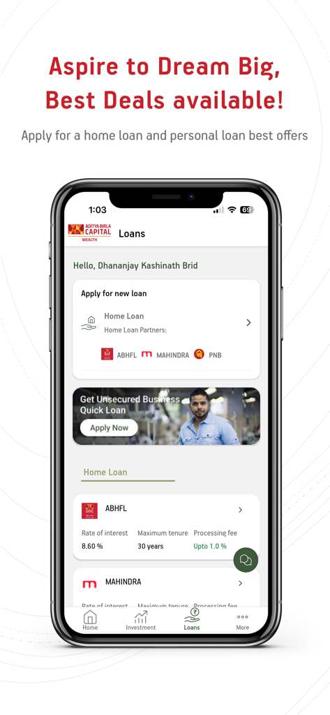 Aditya Birla Capital - Wealth - Aditya Birla Capital Wealth app screen showing home loan and unsecured business loan options with partner logos like ABHFL and Mahindra