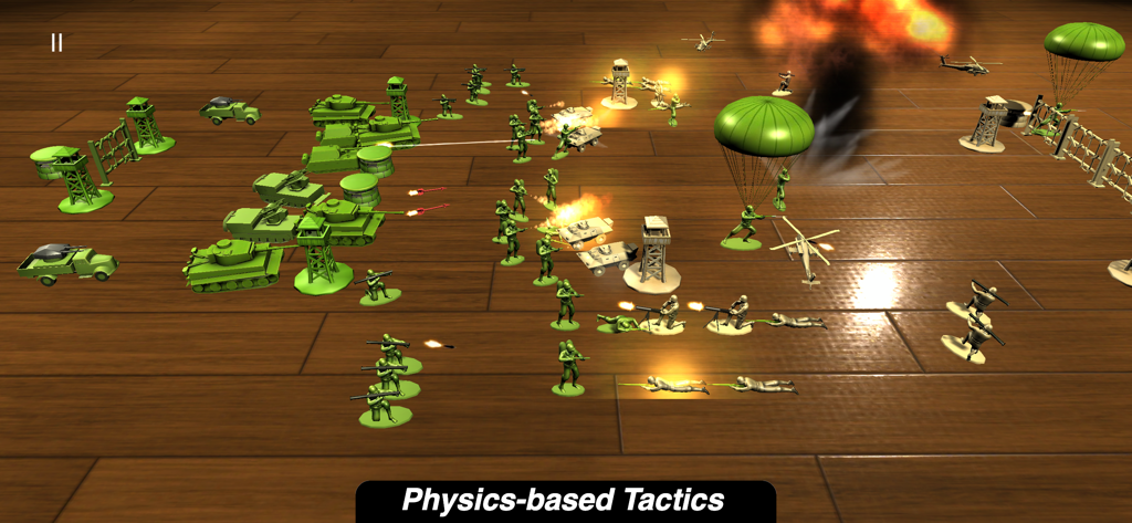 Army Men Battle Simulator - Physics-based battle simulation featuring green toy army men and tanks on a wooden floor.