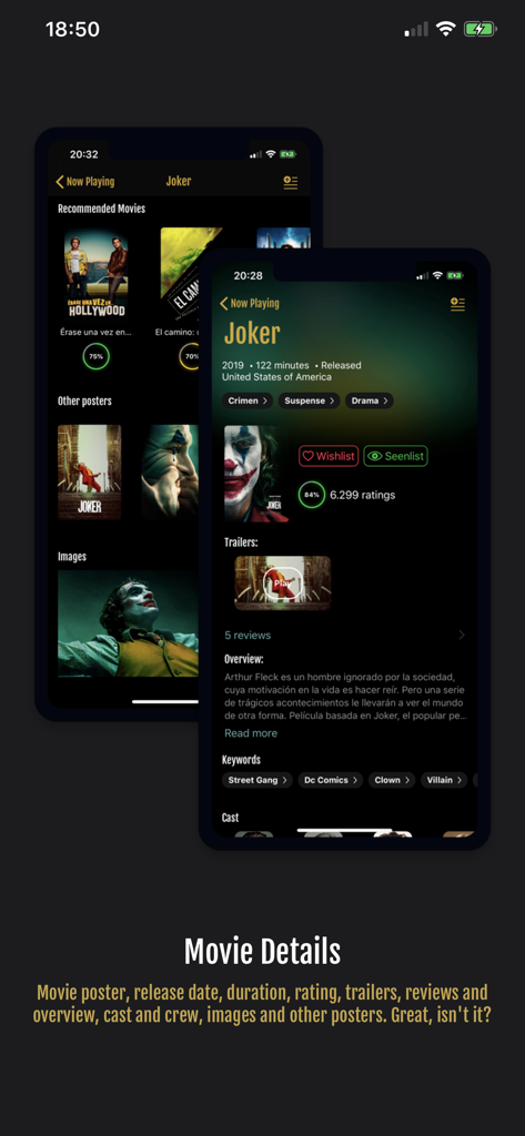 Movie Premieres - Informations détaillées sur le film pour Joker dans l'application Avant-premières de films, y compris les bandes-annonces et les notes.