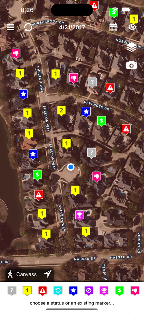 Hail Recon - Aerial map view in Hail Recon showing property address markers for storm damage canvassing