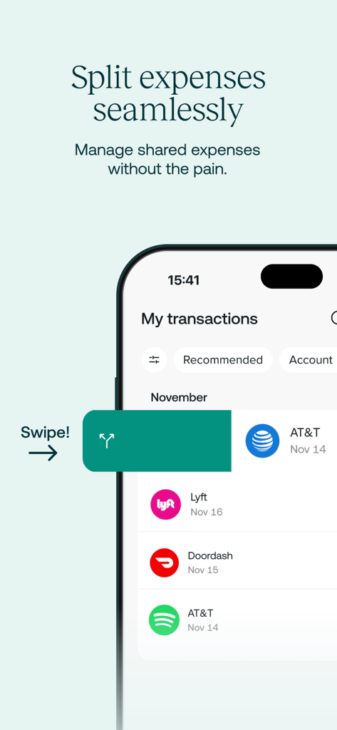 Tandem - Living Together - A smartphone showing the Tandem app interface where a user can swipe a transaction to split a shared expense with their partner.