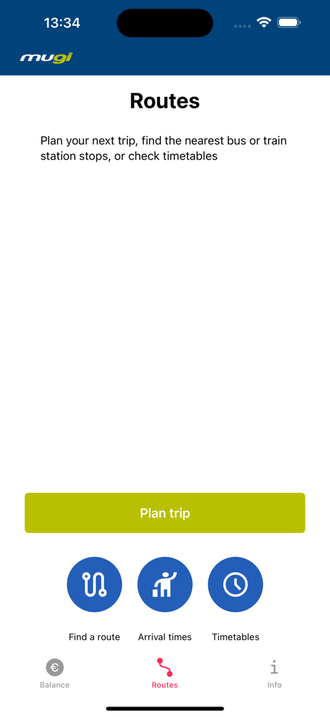 Mugi - ATTG - Mugi app routes interface showing options to plan trip find a route and check arrival times