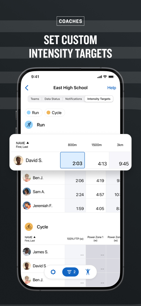 Interface do aplicativo Garmin Clipboard mostrando treinadores definindo metas de intensidade personalizadas para atletas de corrida e ciclismo.