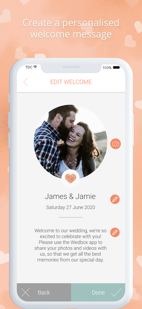 Wedding photo app by Wedbox - Smartphone screen displaying the Wedbox app interface for creating a custom wedding welcome message with a couple's photo and event details.