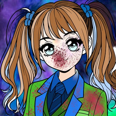 realistic girl with two ponytails and a suit on