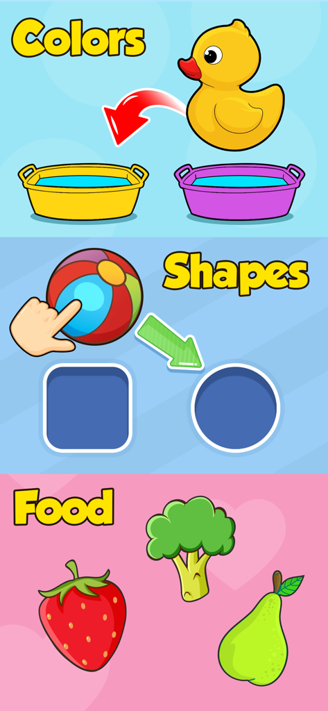 Educational toddler games for learning colors, shapes, and food identification