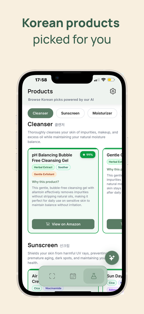 Skinsight AI: Korean Skincare - Skinsight AI app interface displaying personalized Korean skincare product recommendations including a pH balancing cleanser with a link to shop on Amazon.