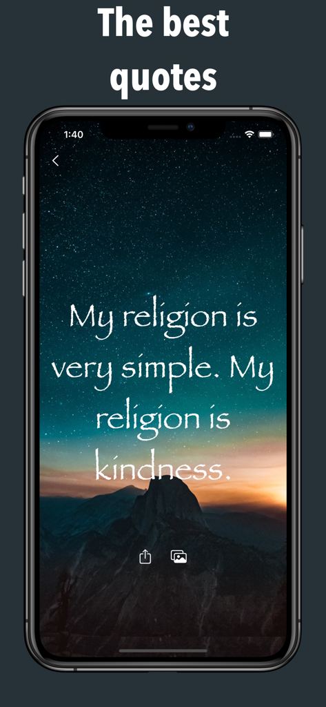 Love Quotes - Daily Reminders - Captura de tela do aplicativo mostrando uma citação de bondade sobre um fundo estético de montanha estrelada