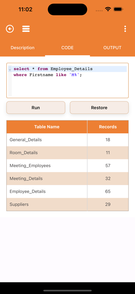 SQL Code Play - SQL Code Play mobile app showing the SQL editor with a sample query and table list.