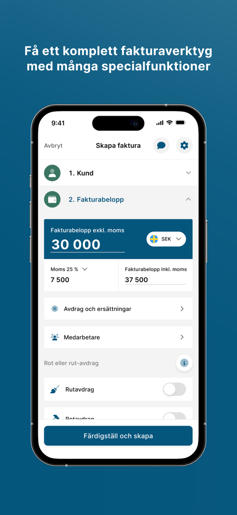 Frilans Finans - Pantalla móvil que muestra la interfaz de creación de facturas de la aplicación Frilans Finans con detalles de facturación en sueco.