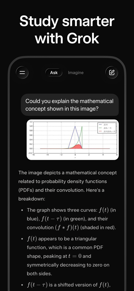 Grok AI assistant explaining a mathematical graph and convolution concept in a chat interface